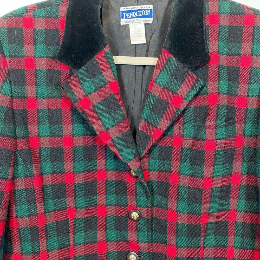Pendleton Jacket Women's Size 12 Wool Plaid Lined Velvet Collar Red‎ Green